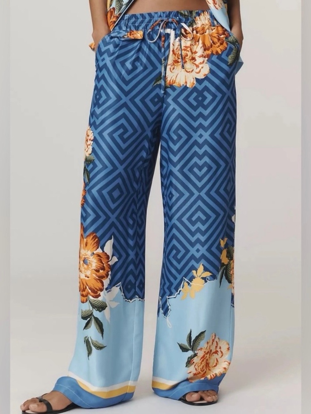 Maeve Blue Geometric & Floral Wide-Leg Pants